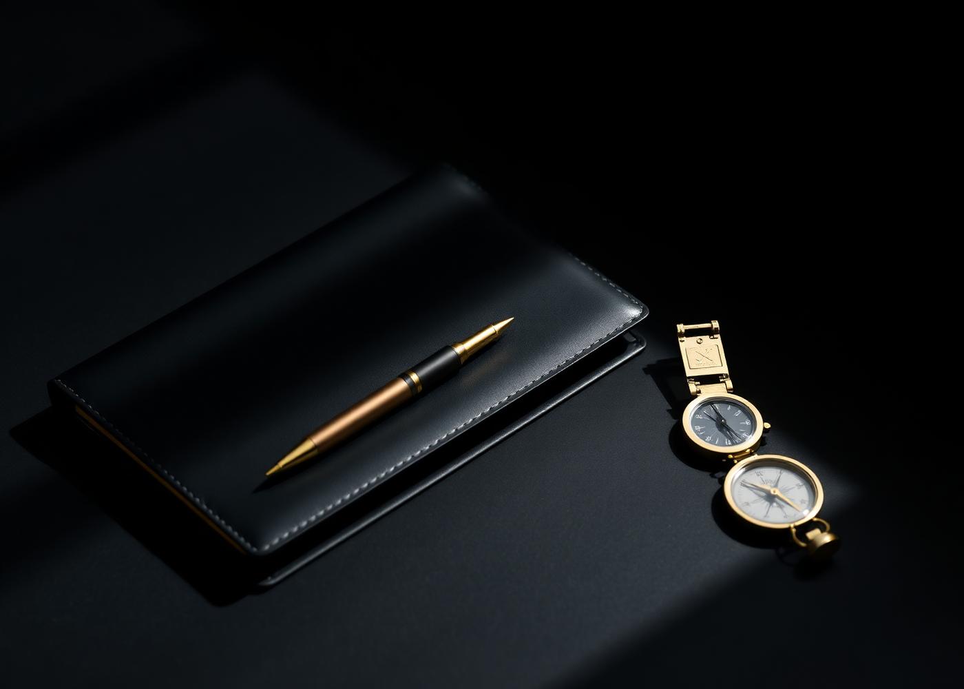 Leather portfolio, gold pen, and brass compass on a dark surface